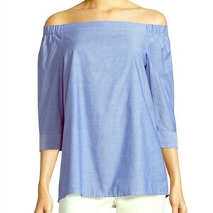 Theory off shoulder chambray 3/4 sleeve blouse w/inverted pleat back. Si…